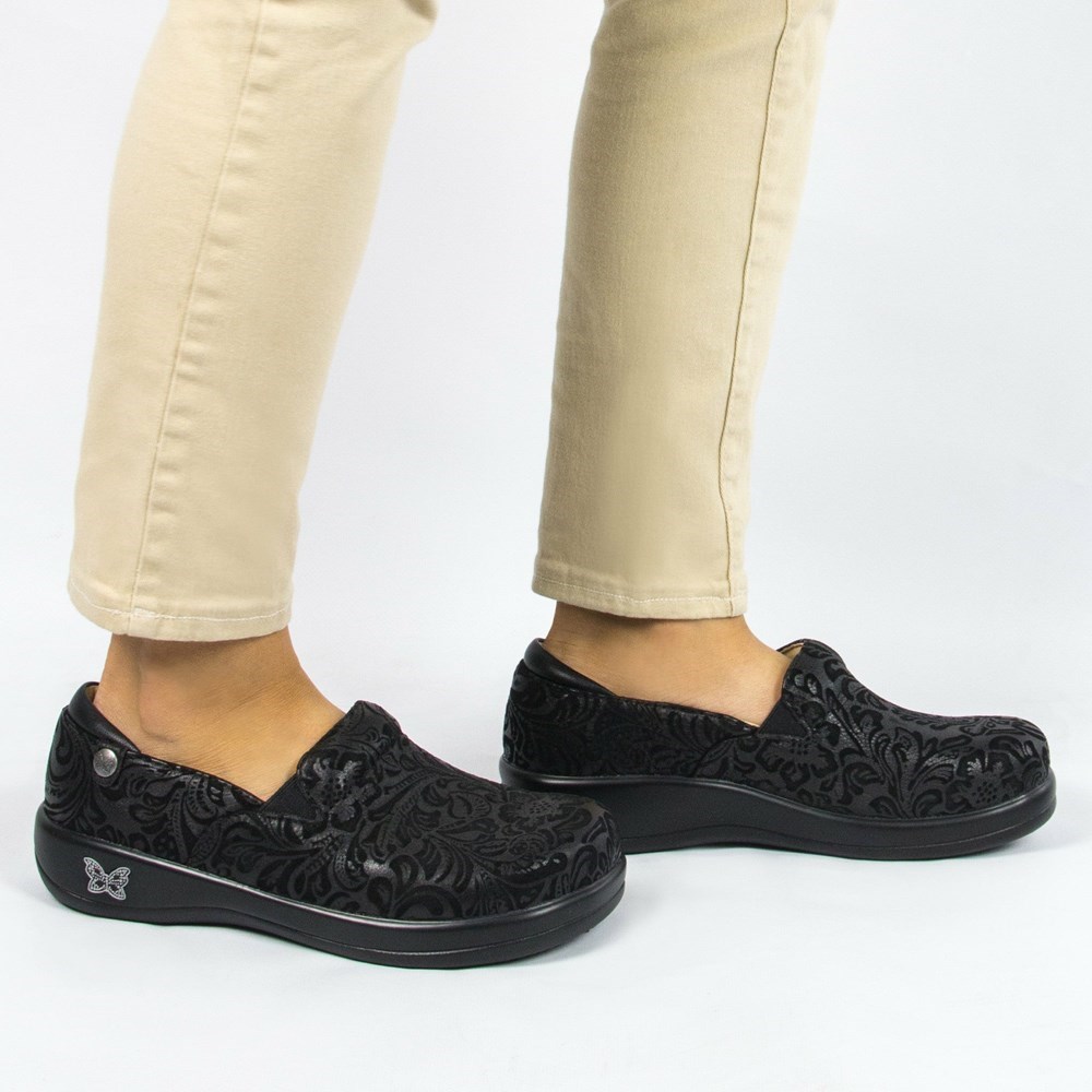 Black Alegria Keli Embossed Paisley Professional Women's Slip On Shoes | 247TEFDHX