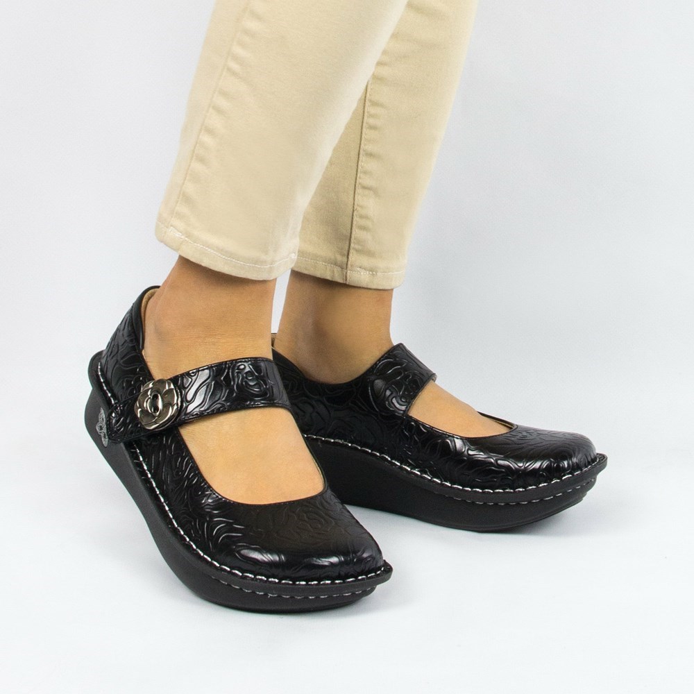 Black Alegria Paloma Embossed Women's Mary Jane Shoes | 273GWAPFB